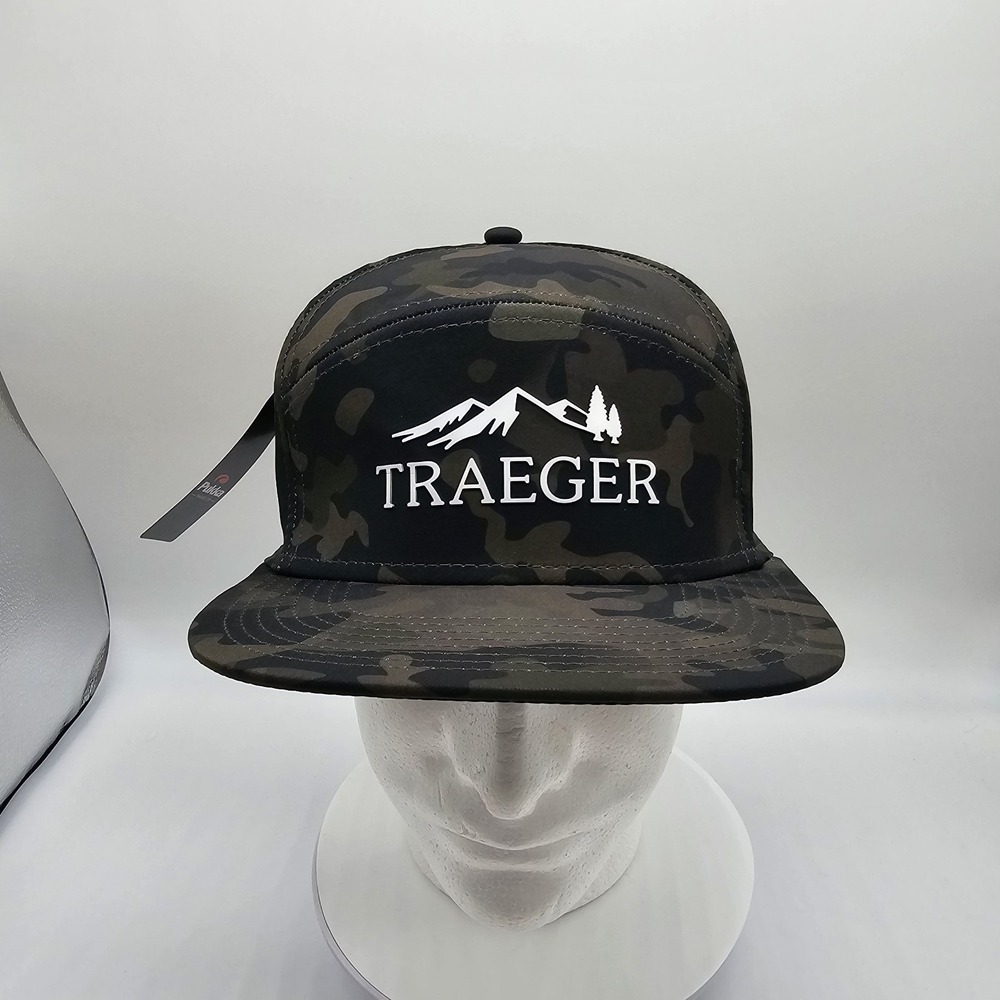 Traeger Wood Fired Grill Hat Cap 5 Panel Snapback Camo Green Black Adjustable